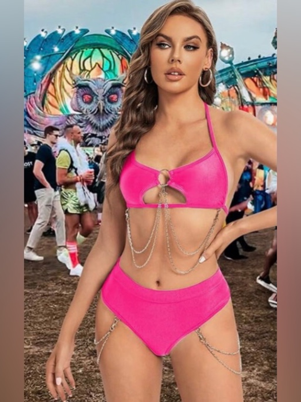 Hot Pink Chain-Detail Bikini Set - Women Swim